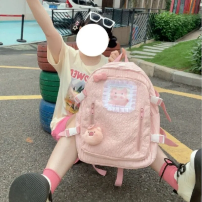 

Милый милый розовый поросенок, женский рюкзак с текстурой морщин, большая вместительная студенческая школьная сумка, женский кампус, Harajuku, Mochilas Mujer 2025