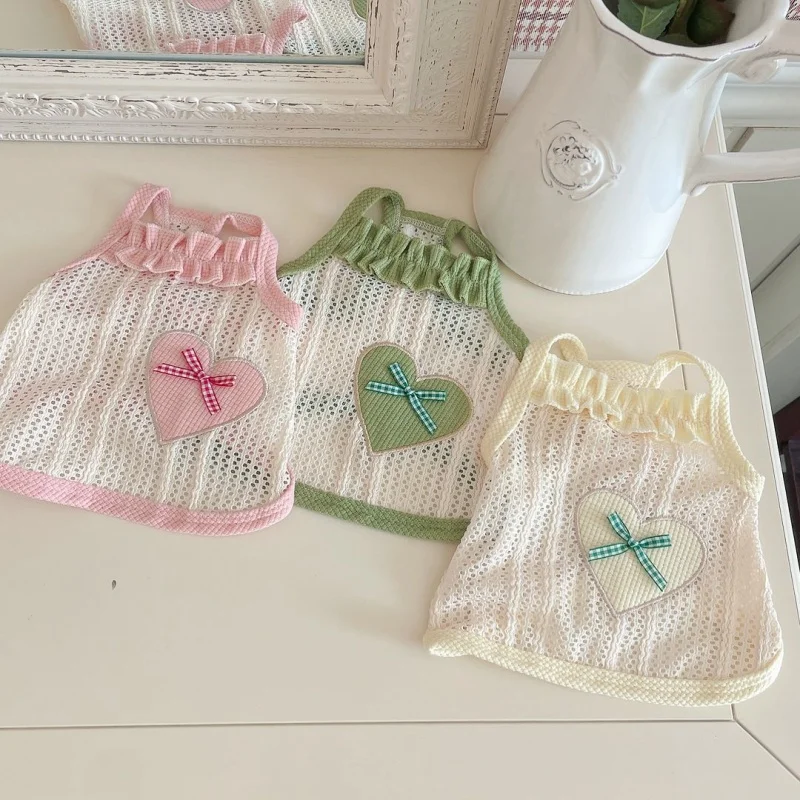 Ropa de verano para perros y mascotas, chaleco con estampado de corazón para perros, camiseta sin mangas con bonito lazo para cachorros, chaleco con tirantes para gatos, camisa para mascotas, ropa para perros Chihuahua