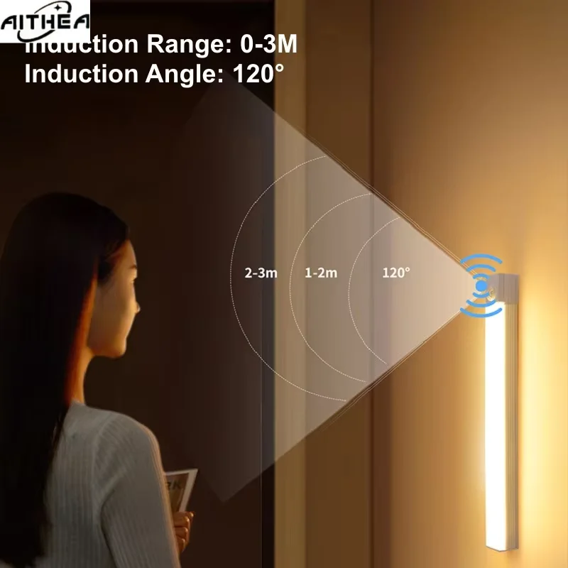 AITHEA Motion Sensor LED Night Light Type C Rechargeable Induction Lamp for Wardrobe Bedside Cabinet Wireless Led Strip Tube