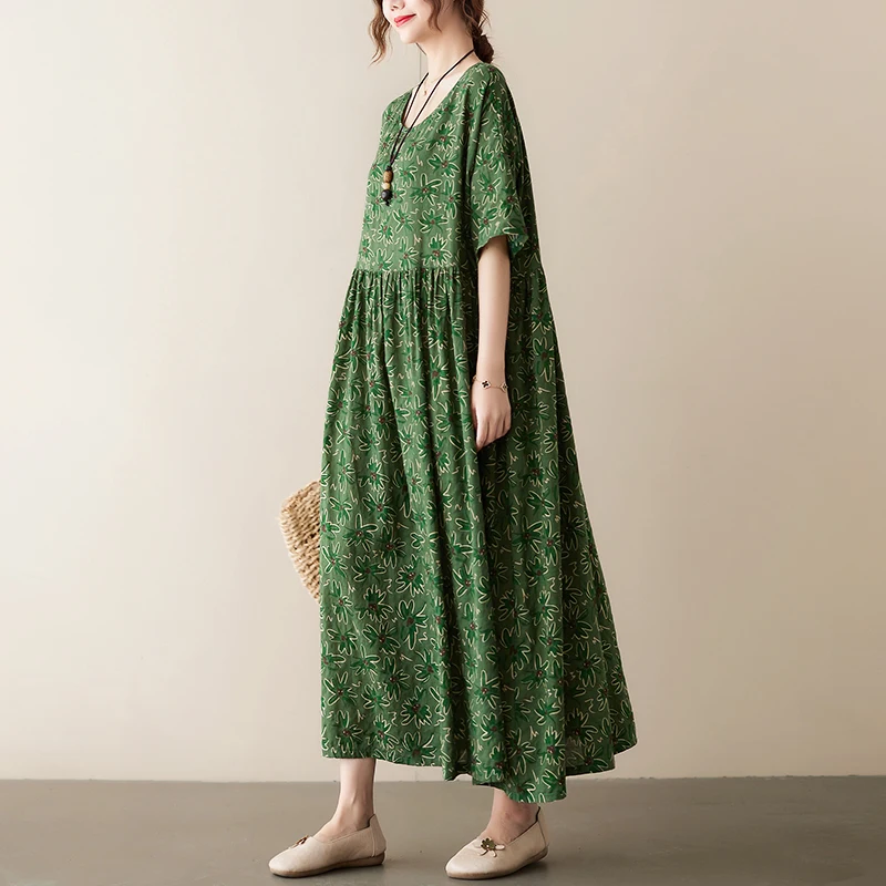 Vestido ro y Transpirable con Estampado Retro, Estilo Línea A, Talla ande, Moda Femenina, Cuello Redondo, Manga Corta, ...