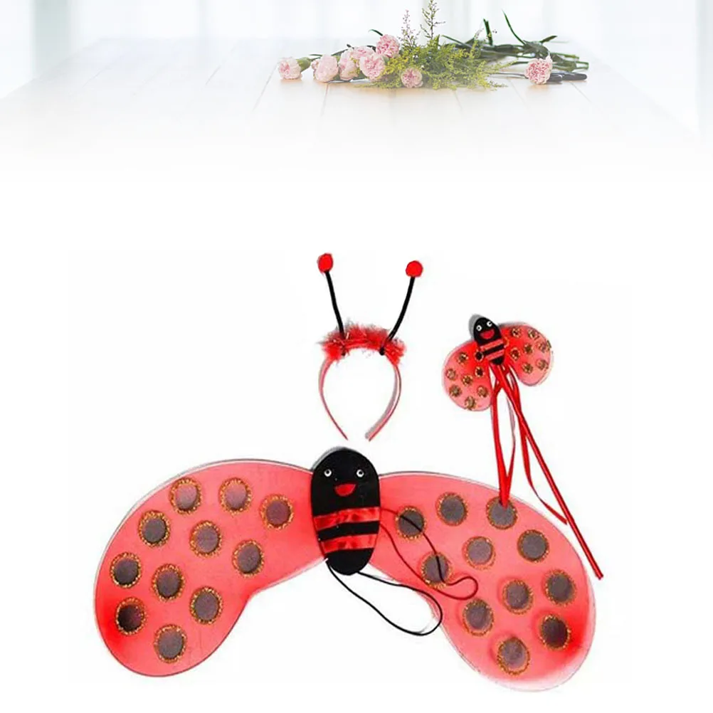 3Pcs Ladybug Headband Wings Hand Stick Set Durable Stretchy One Size Fits Most Kids Party Supplies Cosplay Props