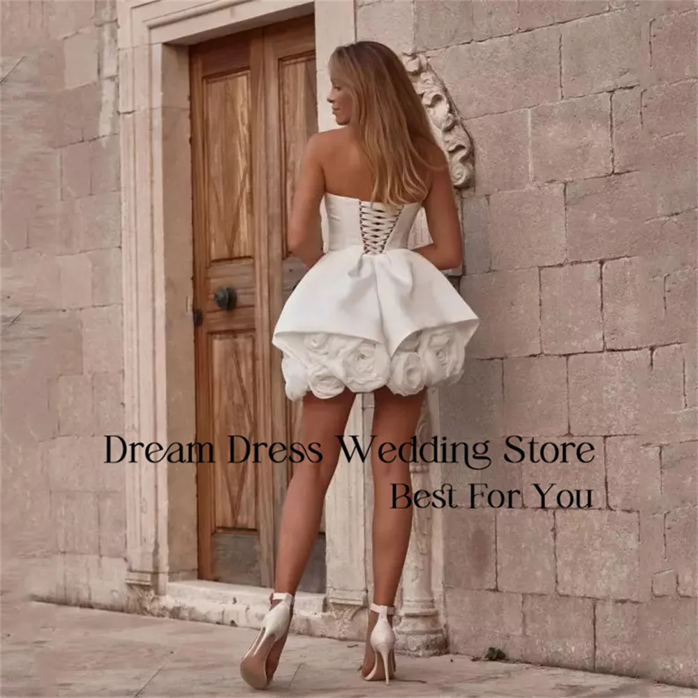 DREAM Strapless Flowers Short Wedding Dress A-Line Pleat Open Back Lace-up Above-Knee Bridal Gown Vestido De Noiva Customized
