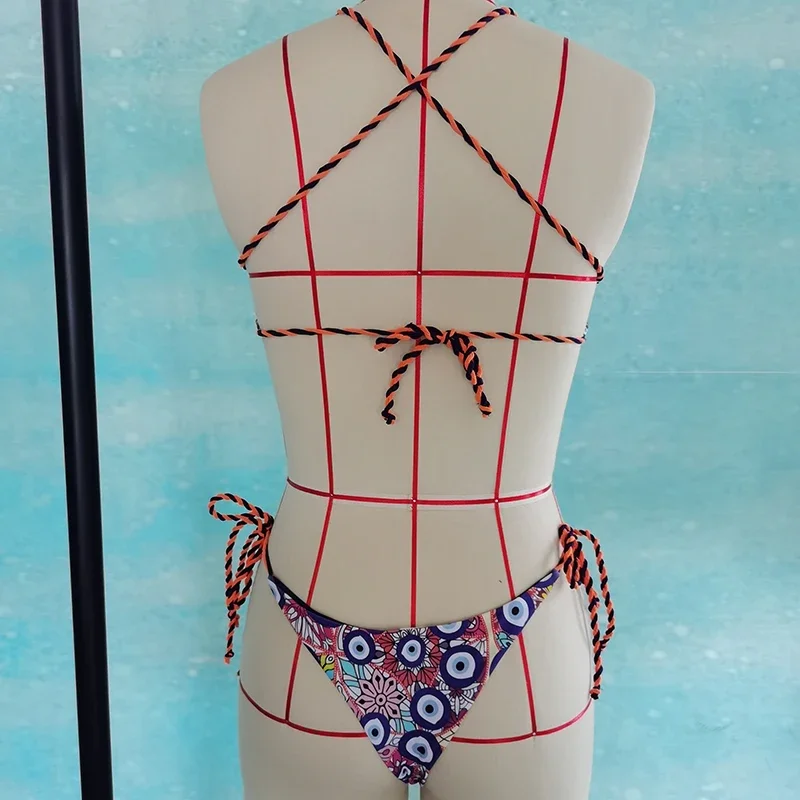 QINJOYER-traje de baño con estampado de ojo de demonio para mujer, Bikini brasileño Sexy, bañador de Tanga, conjunto de Bikini de dos piezas