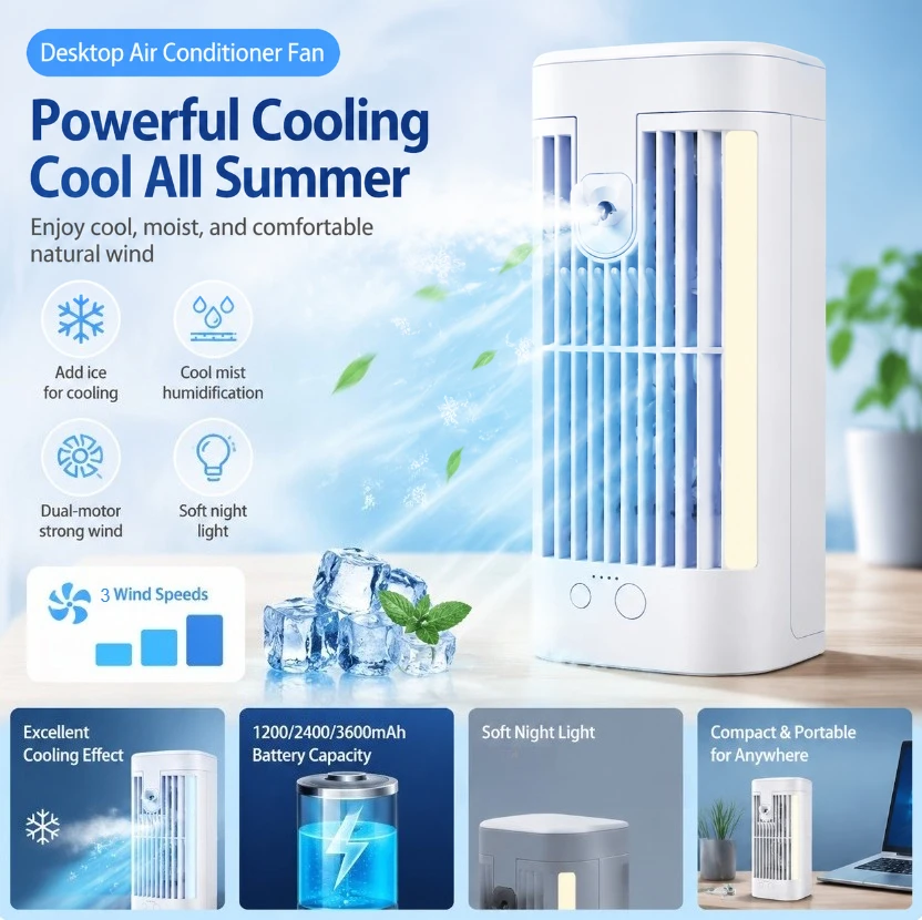 Desktop-Klimaanlagenventilator, Schreibtisch-Luftkühler mit Hervorragender Kühleffekt, Nachtlicht-Klimaanlagenventilator für Zuhause und Studentenwohnheime