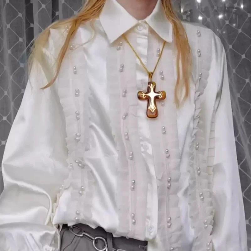 

Рубашки унисекс в дворцовом стиле с французским жемчугом, плиссированным кружевом и длинными рукавами, роскошные, с отложным воротником, модные, для вечеринок и банкетов