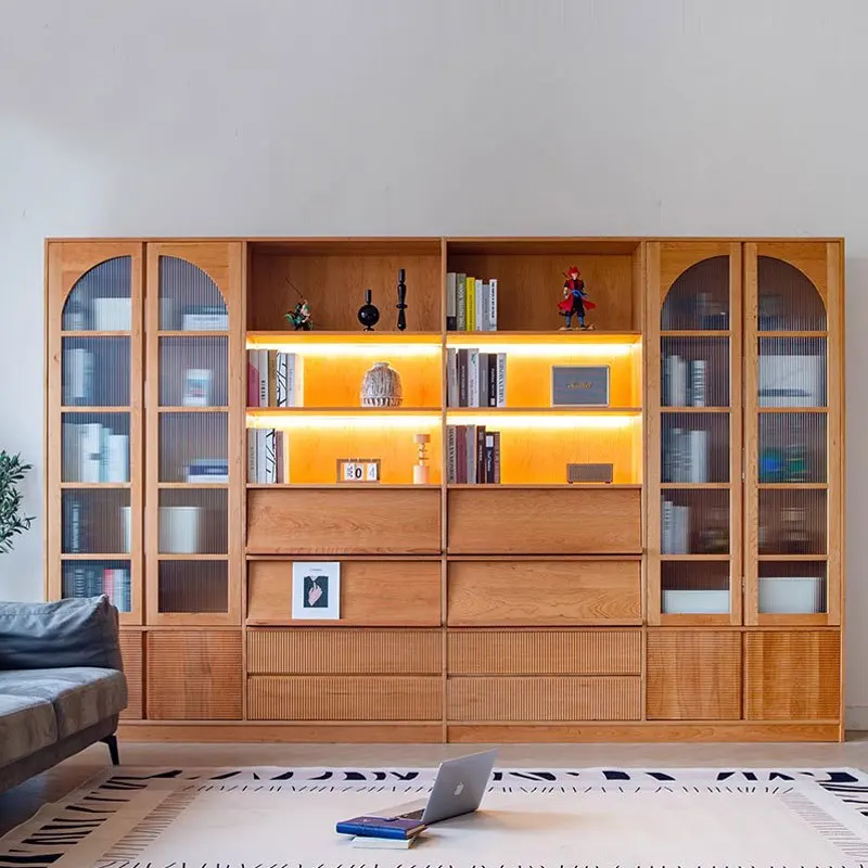 floor-to-ceiling bookshelf combination Modern, simple black walnut solid wood bookcase Living room full wall display cabinet