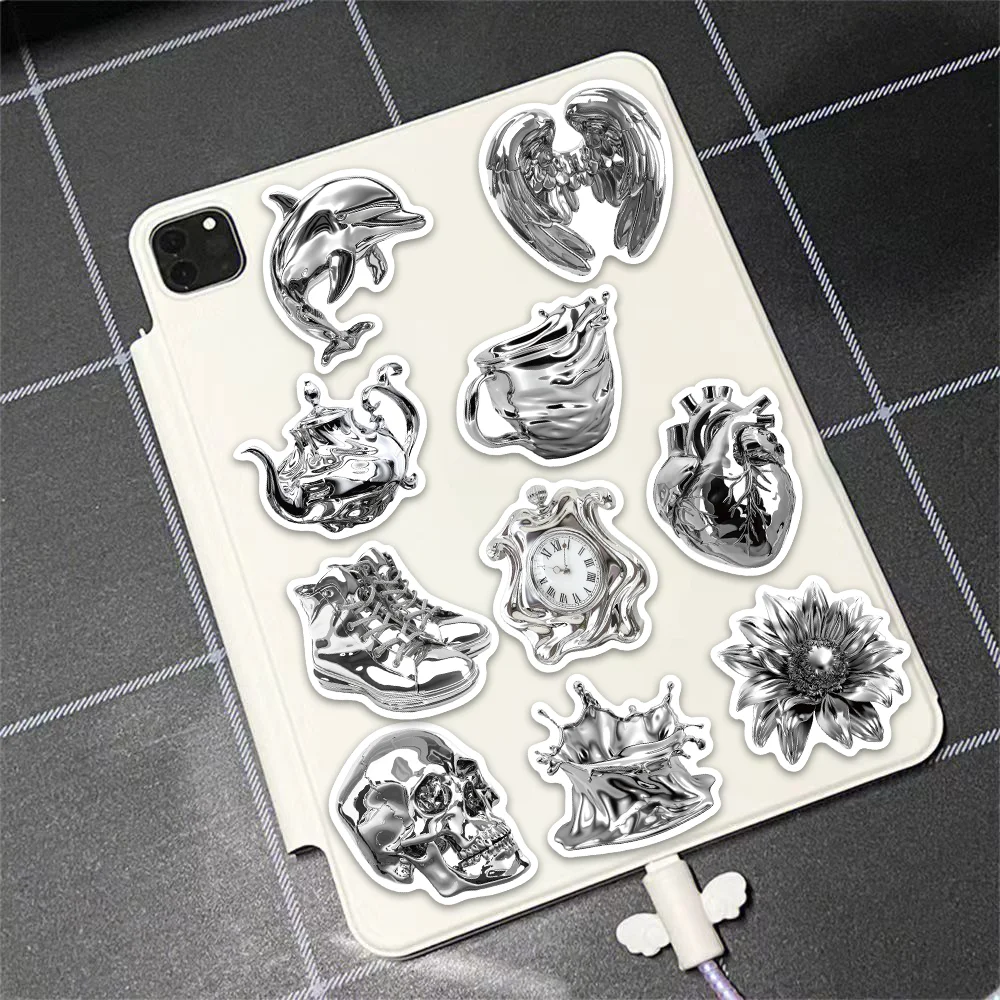 Imagem -03 - Metallic Decoração Adesivos Item de Prata Pvc Impermeável Faça Você Mesmo Pintura Notebook Skate Bagagem Guitarra 50 Pcs 3d