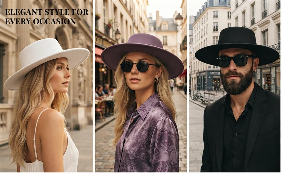Elegante Frauen Männer Flache Top Breite Krempe Fedora Hut Herbst Winter Fedoras Boater Hut Kirche Panama Hüte – Detail 6
