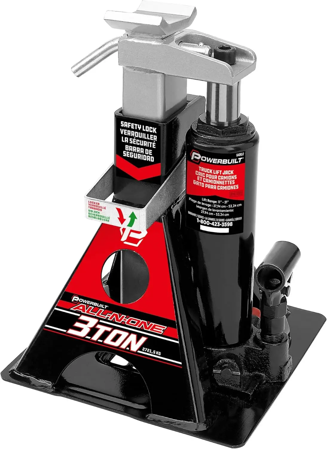 

3 Ton All-in-One Hydraulic Bottle Jack and Jackstand, Compact, Wide Base, 11-21 Inch Range, for Trucks, SUVs, RVs, Trailers