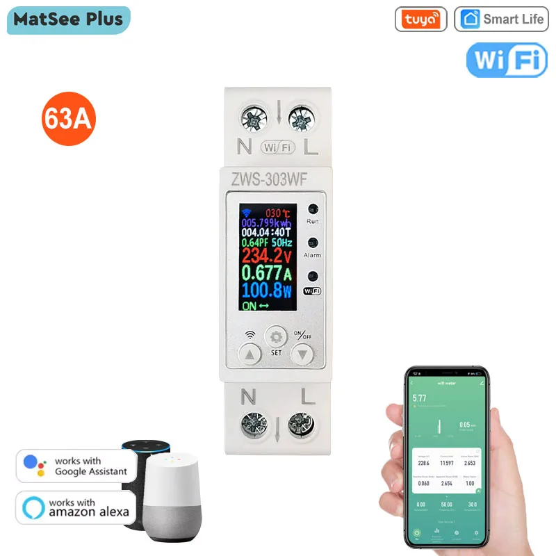 

Tuya WiFi Smart Circuit Breaker 63A with LCD Display Energy Meter KWH Remote Control Monitor Overload Protection Auto-reclosing