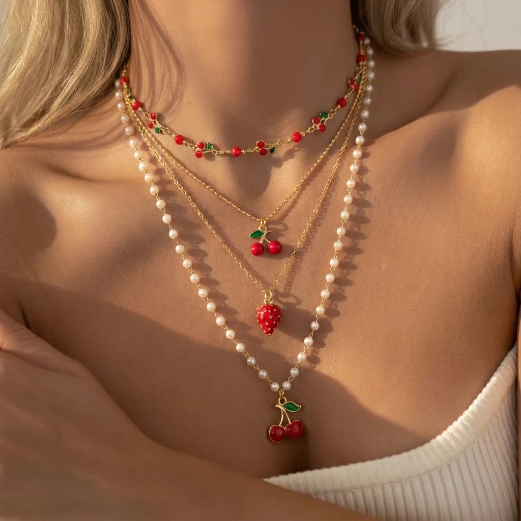 Y2K Süße Kirsch-Erdbeer-Mehrschichtige Halsketten für Frauen, Zierliche Niedliche Frucht-Schleifen-Anhänger, Schlüsselbein-Kette, Party-Schmuck Geschenke – Detail 2