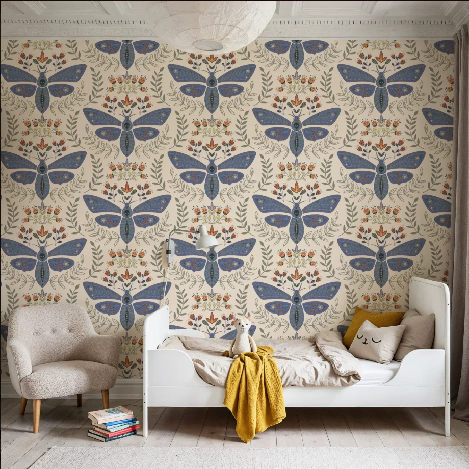Customized size mural with symmetrical insect wings, moth wallpaper, warm brown, cream red, flower flat pattern wallpaper