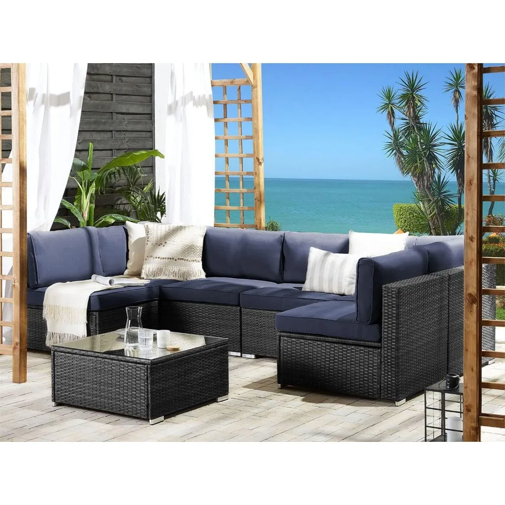 7-Piece Outdoor Patio Furniture Sofa Set Black Rattan Wicker Sectional Conversation Sets with Glass Top Table and Cushions