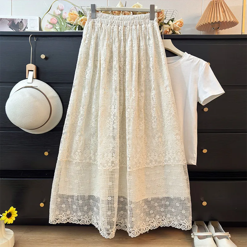 Hollow Out Lace Women' Skirt 2026 Spring New Gentle Style Embroidery Flower Skirts Elastic Waist High Waist Slim-looking Skirt