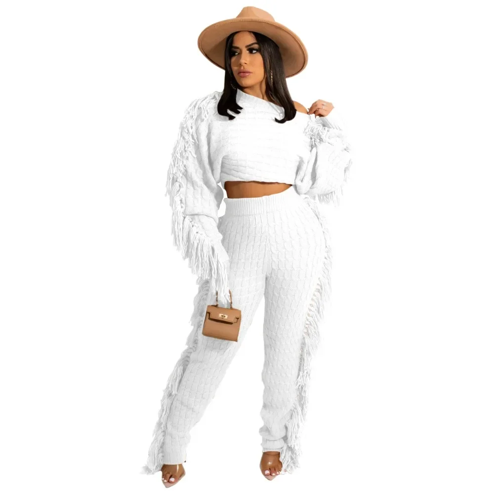 Women Solid Knit Tassel Long Sleeve Casual Two Piece Set Minimalist Versatile Chic Daily Streetwear Ladies Matching Outfit