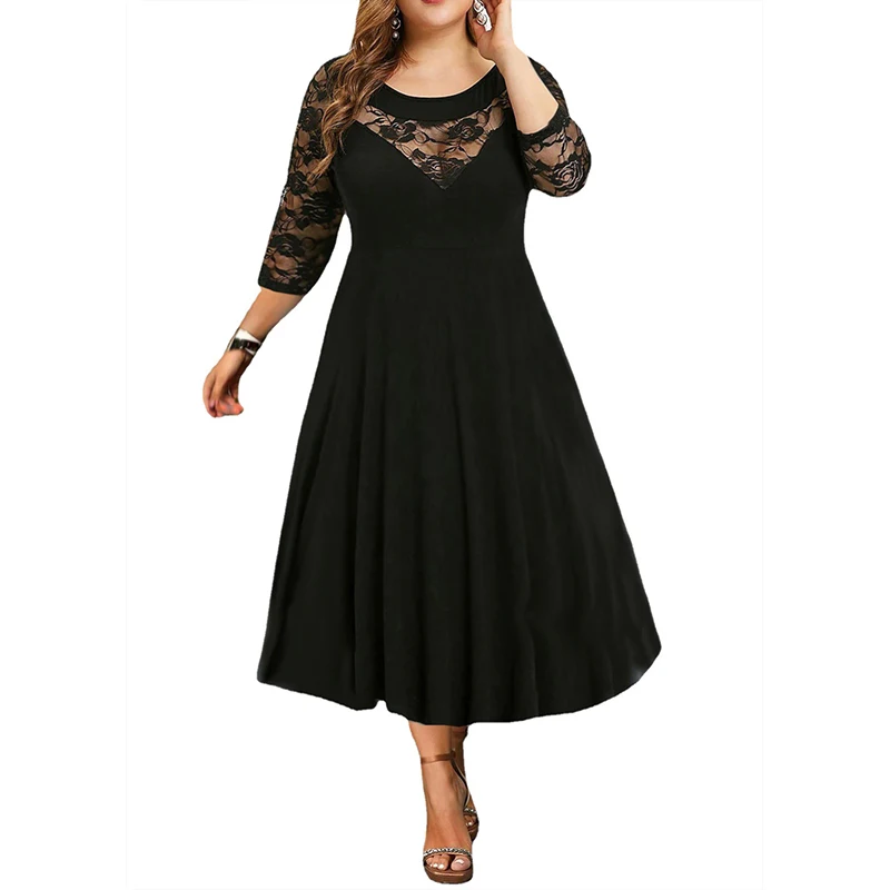 Spring Autumn New Lace Black Plus Size Crew Neck Big Hem Long Dress Women 6XL Three Quarter Sleeves Oversized Vestidos De Fiesta