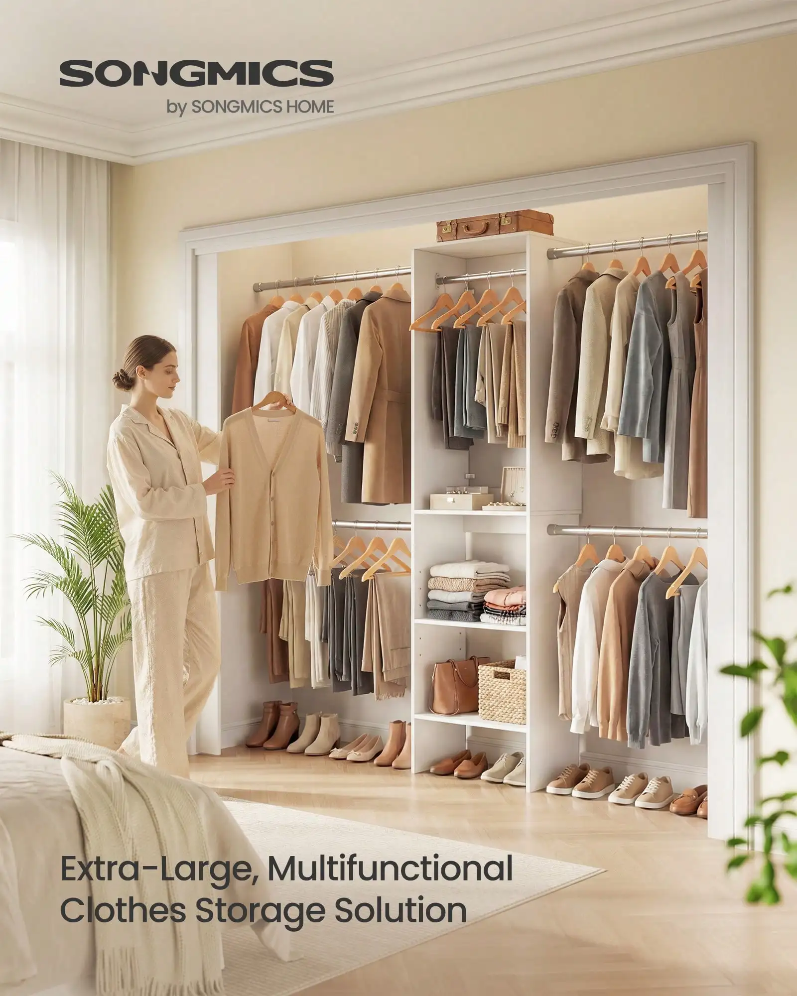 SONGMICS Closet System, Customizable Walk-In Closet Organizer System With Adjustable Hanging Rods And Storage Shelves, Fits Spaces 4-9.6 Ft
