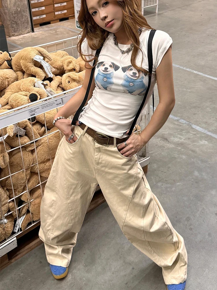 جينز نسائي كاكي عتيق بخصر عالٍ Y2k جينز مطرز فضفاض وواسع الساق موضة خريف 2025 من قماش الدنيم #6