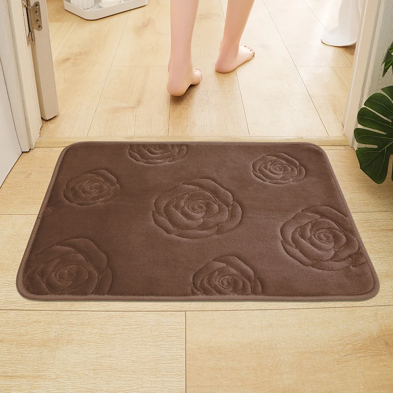 1pc Bath Rugs Rose Flower Embossed Bathroom Bath Mat Flannel Non-Slip Carpet Bathtub Floor Rug Shower Room Doormat Mat for Bathr