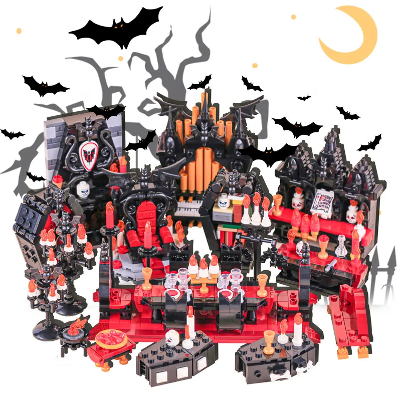 MOC 할로윈 뱀파이어 왕좌 성 빌딩 블록 중세 연회 오르간 소파 세트 애니메이션 장면 DIY 벽돌 장난감 장식 선물