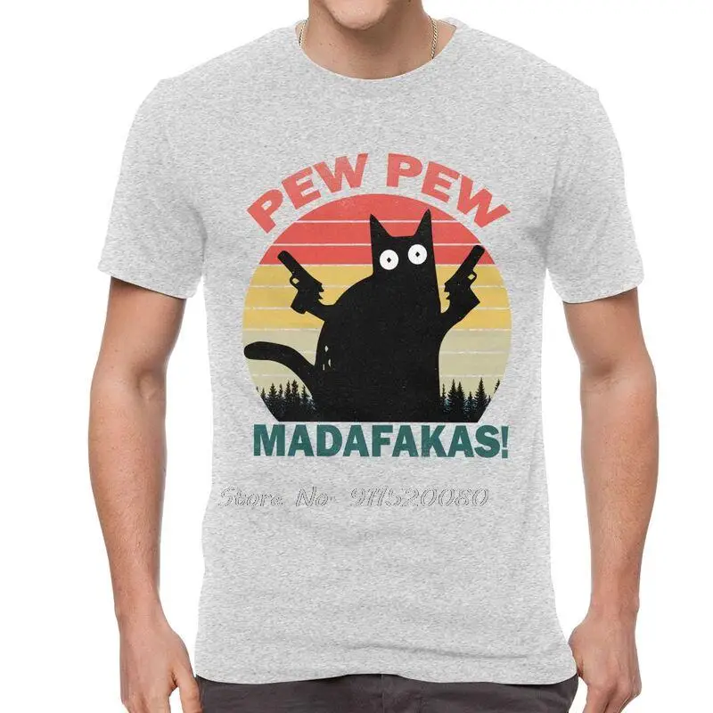 Humor Pew Pew Madafakas T Shirt Men Cotton Printing T-shirt Funny Tshirt Short Sleeve Black Funny Cat Tee Tops Streetwear