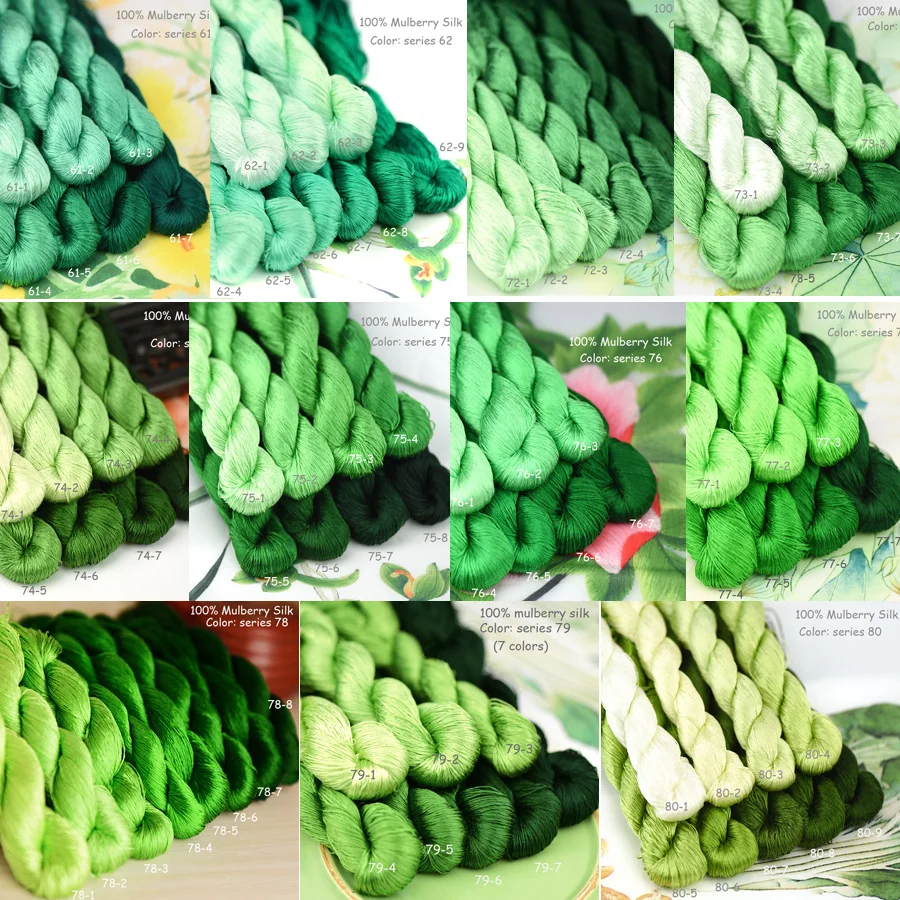 100% Spun Mulberry Silk Floss Yarn Thread Natural Su Embroidery Silk Threads Yarns Green Jade 61 62 72 73 74 75 76 77 78 79 80