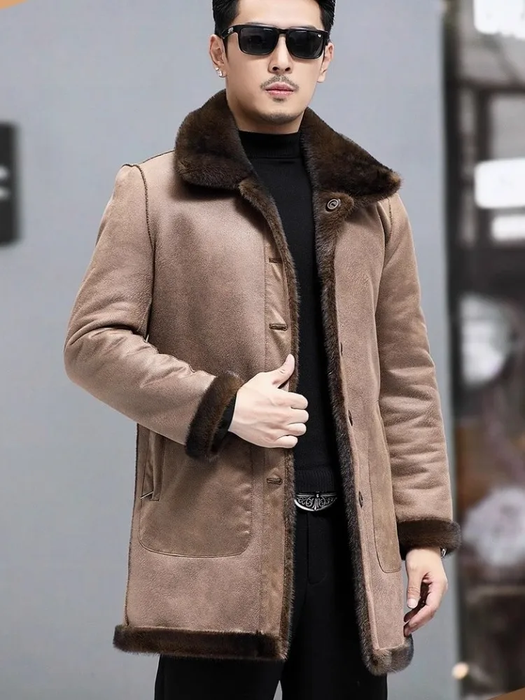 Winter Luxury Business Casual Mens Faux Fur Long Jacket Single Breasted Double-Sided Warm Overcoat Long Sleeve Faux Leather Coat