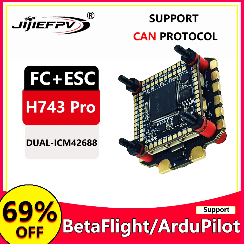 

JIJIE H743Pro 70A Stack ICM42688P F722 Flight Controller BLHELI_S 60A 4in1 ESC 30.5X30.5mm 3-12S for FPV Freestyle Drones Parts