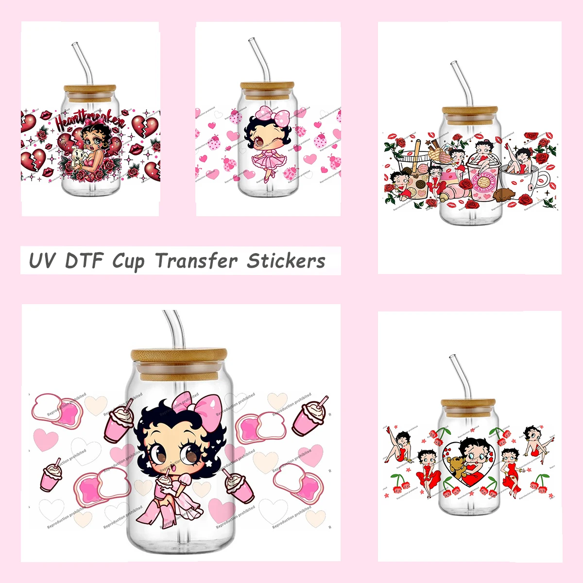 Süßes Rosa Engel-Mädchen UV DTF Transfer-Aufkleber für 16oz Glasbecher Vintage-Themen Cartoon Wasserfester DIY Tumbler-Aufkleber Geschenk-Dekoration