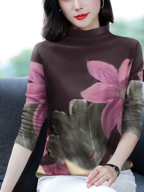 

Thickened Fleece Long Sleeve Printed Thermal Shirt High Collar Slim Fit Casual Style Polyester Fiber Maternity Top for Middle...