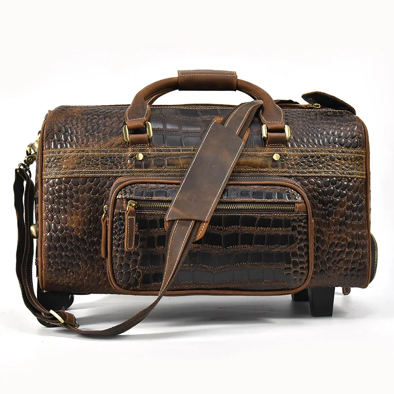 Men Genuine Leather Suitcase Alligator Fashion Business Trolley Case Retro Cow Leather Crocodile Pattern Travel Bag With Wheels