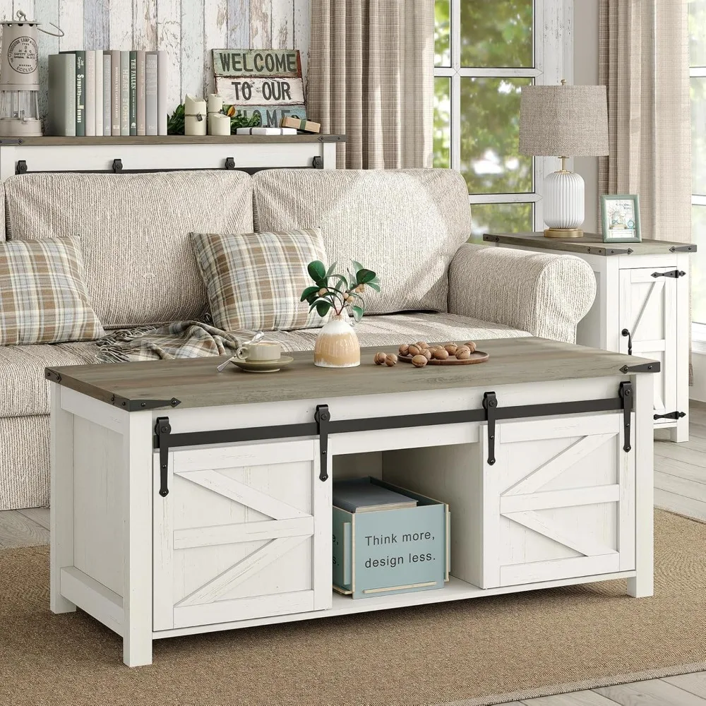 47.3''Lift Top Coffee Table, Farmhouse Center Table with Large Storage & Sliding Barn Doors, Modern Rectangular White Cocktail T