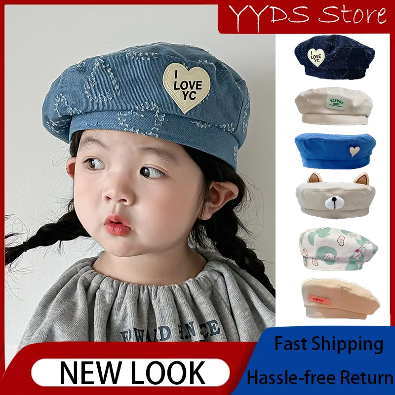 Children's Love Embroidery Hat Spring and Fall Models Girls Denim Beret Multi-style Octagonal Hat Summer Cartoon Animal Cap