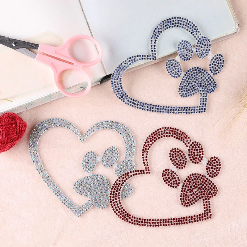 Cartoon Love Cat Dog Puppy Paw Iron On Crystal Rhinestone Patches Appliques Footprints Diy Back Glue Stickers