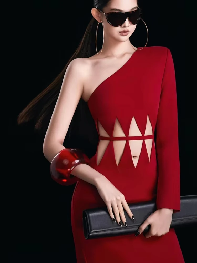 Women Sexy One Shoulder Cut Out Red Midi Bodycon Maxi Long Bodycon Bandage Dress 2026 Elegant Evening Club Party Dress