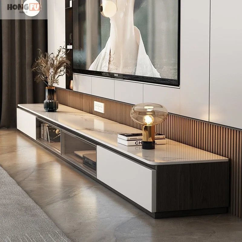 Hongfu Italian cream style light luxury minimalist rock slab solid wood TV cabinet floor simple modern living room combination s