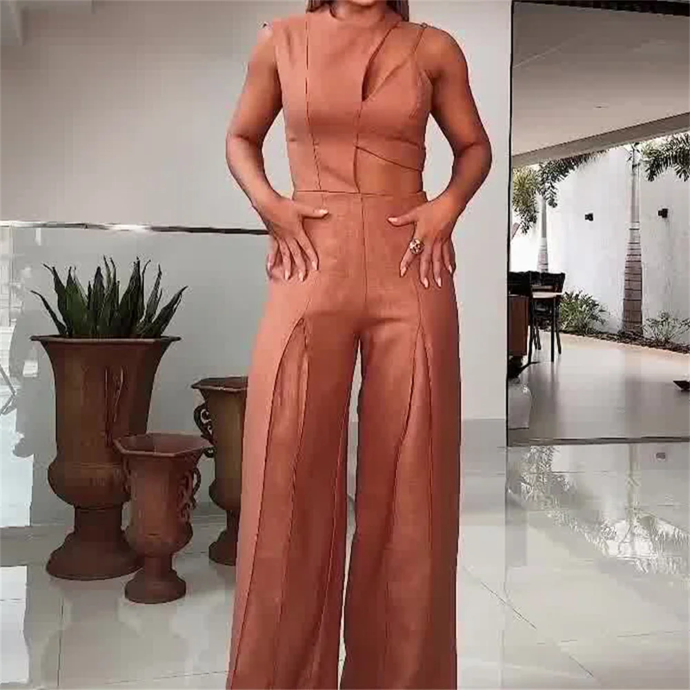 Elegant Solid Hollow Out Jumpsuits for Women 2024 Summer O Neck Sleeveless Asymmetrical High Waist Office Lady Jumpsuit