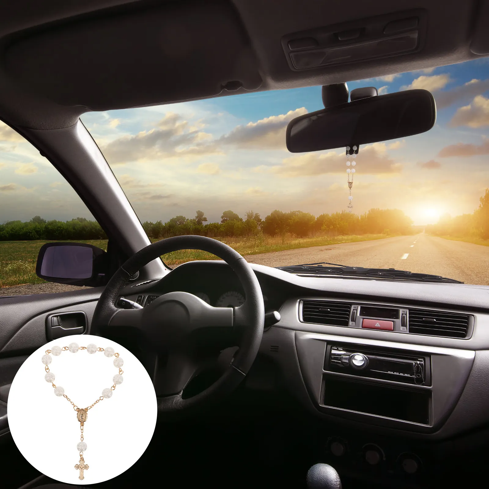 2Pcs Decor Hanging Cross Charm for Rearview Mirror Rose Bead Embellished Elegant Spiritual Auto Interior Ornament Easy