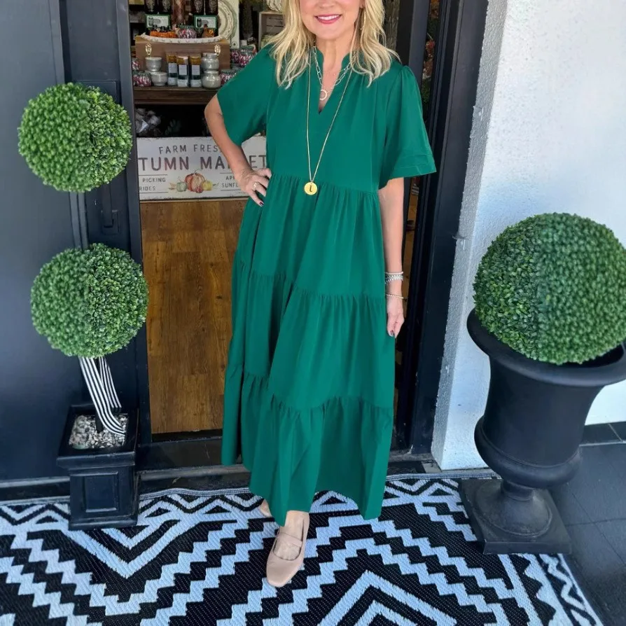 Nova moda feminina com decote em v em camadas bolso comprimento médio vestido feminino cor sólida manga curta solto vestido casual feminino