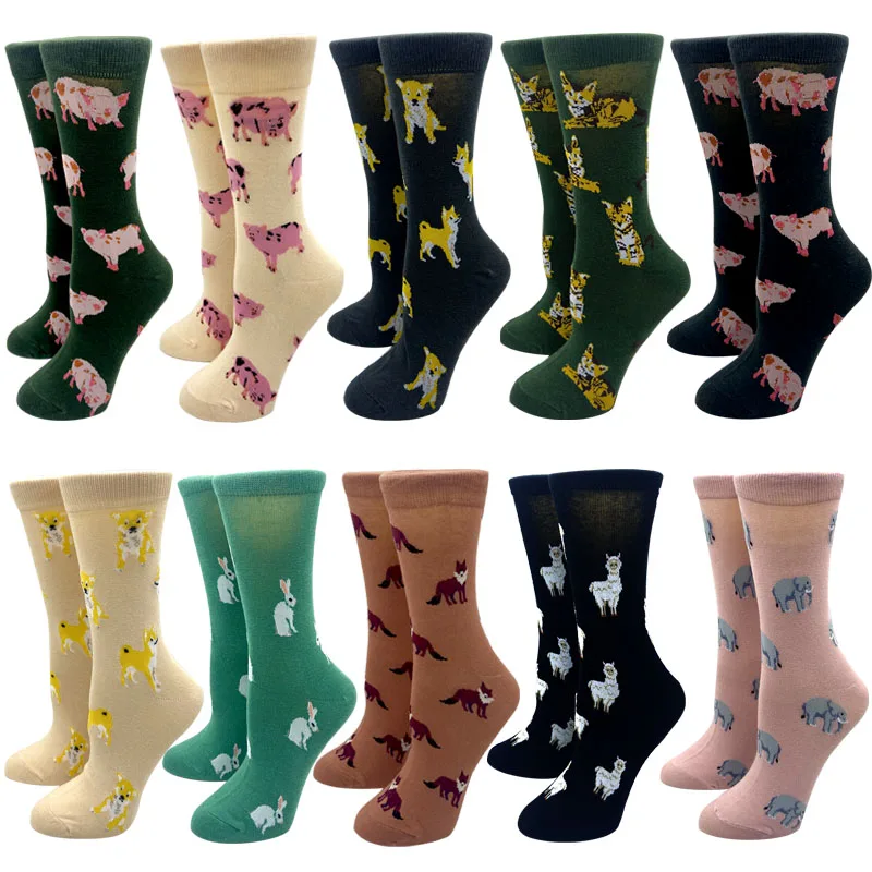 

2023 New Harajuku Women Socks Cute Cartoon Animal Print Dog Cat Fox Elephant Rabbit Women's Mid-Calf Cotton Socks Funny Socks