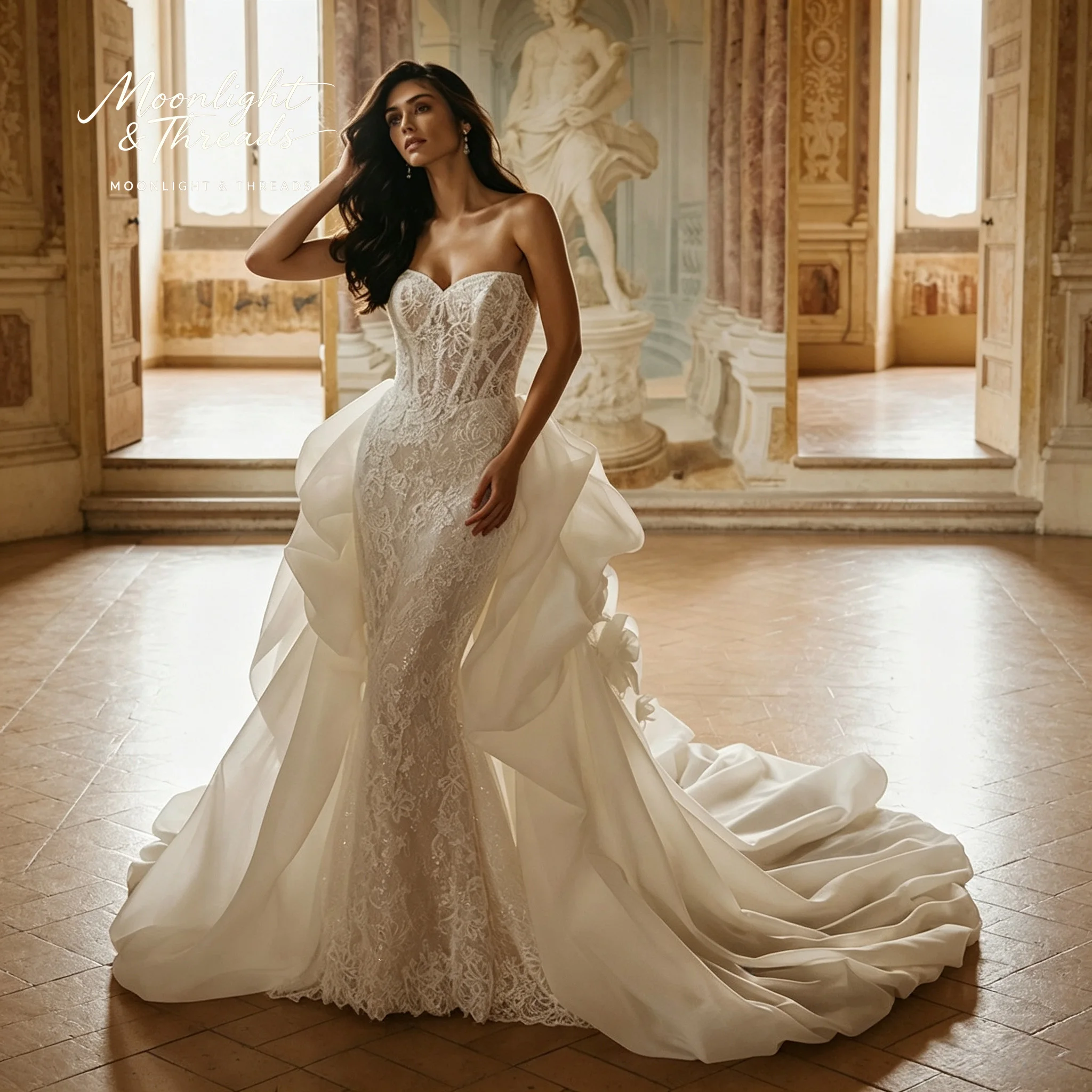 Romantic Castle Strapless Sweetheart Lace Mermaid Wedding Dress With Detachable Ruffled Organza Overskirt And Long Train