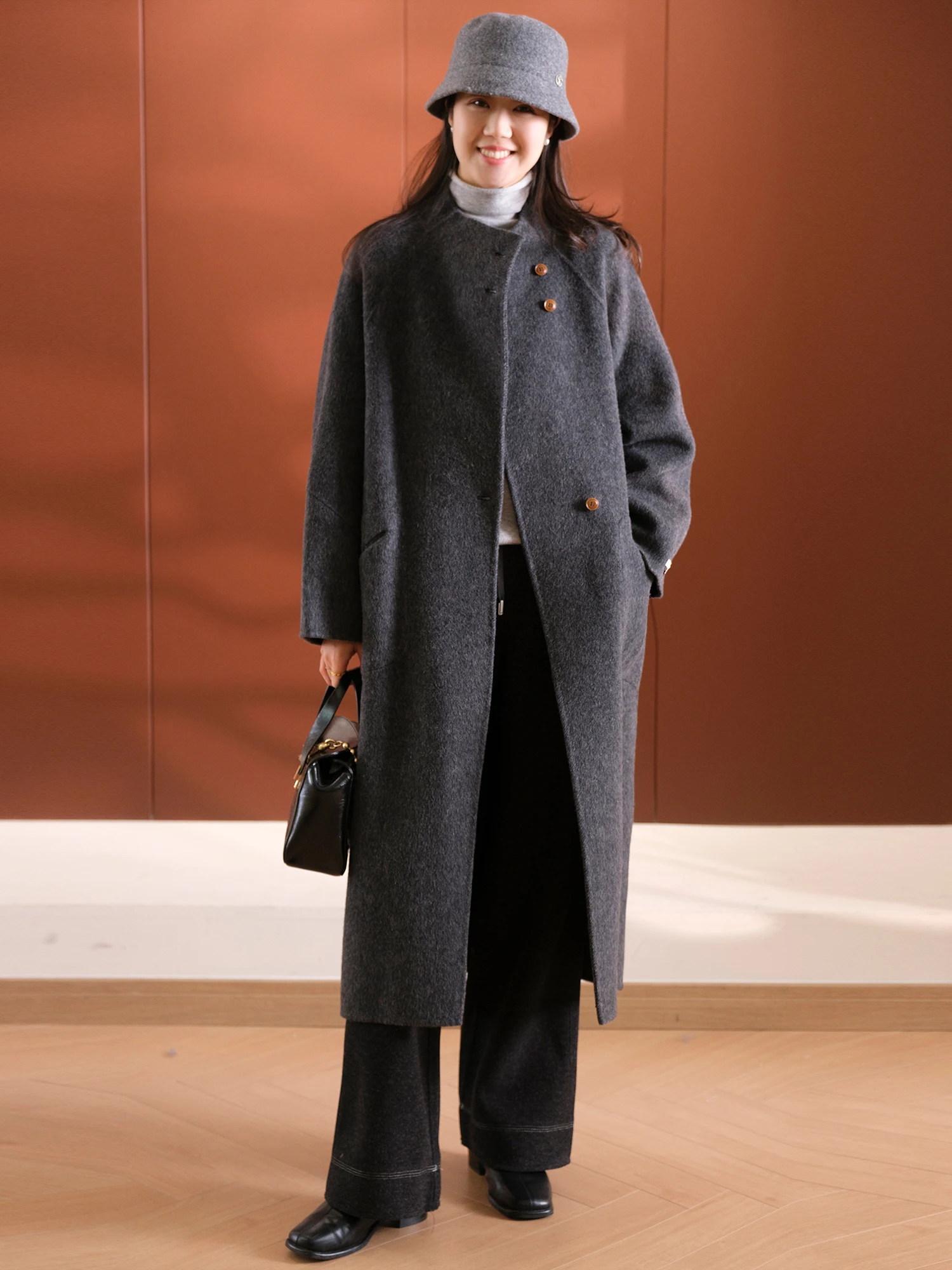 

Корейское женское шерстяное пальто ручной работы из 100% шерсти, приталенное, утепленное, с длинными рукавами, без воротника, средней длины, на осень