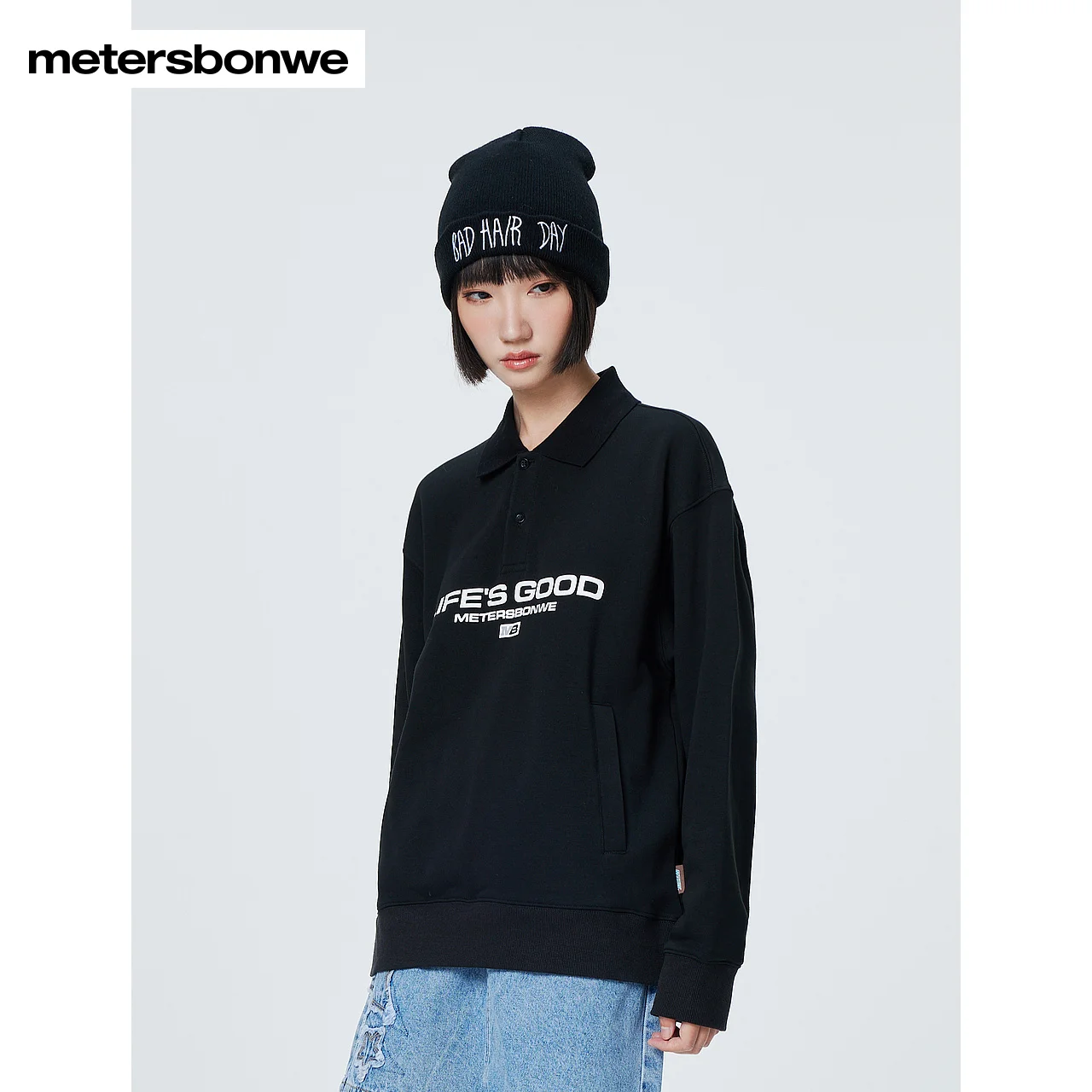 Metersbonwe-Men Women's Lapel Front Chest Print Knitted Jumper Loose Classic Polo Collar Hoodie Preppy Campus Casual Winter