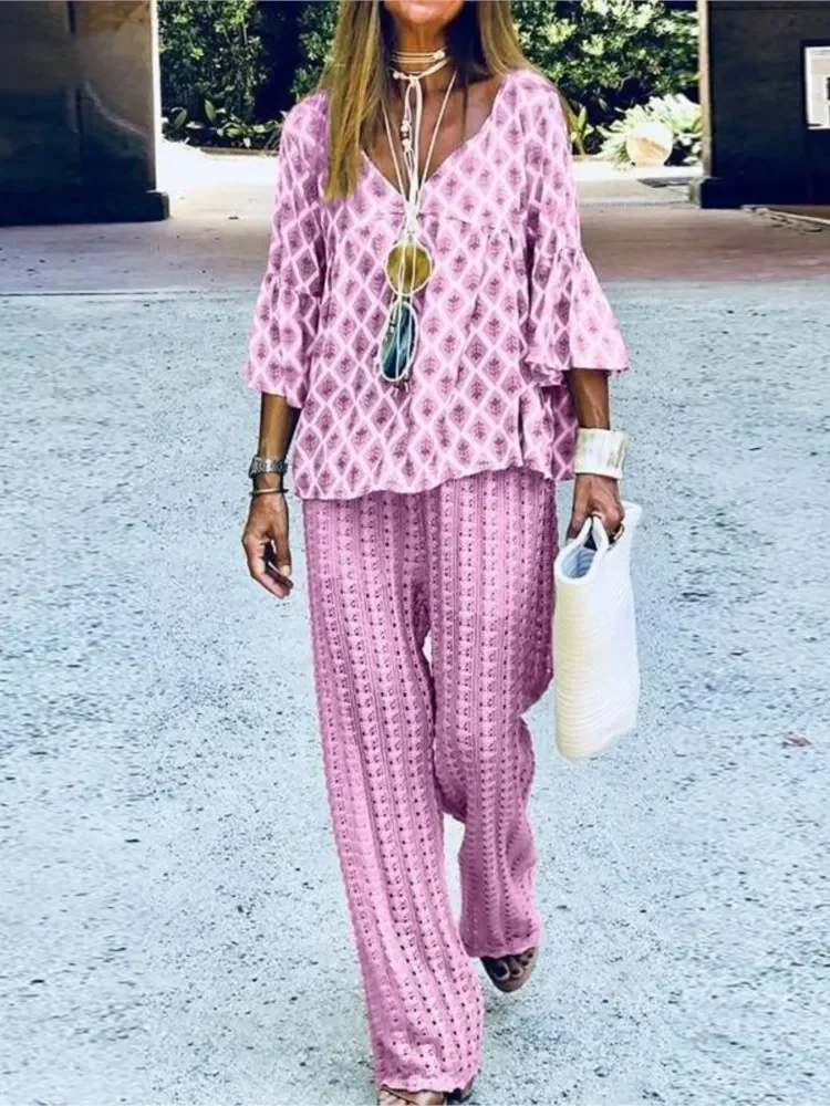 

Осенний женский новый модный свободный повседневный комплект с принтом, комплект с расклешенными рукавами семь четвертей, сексуальная спортивная одежда с v-образным вырезом, комплект из двух предметов