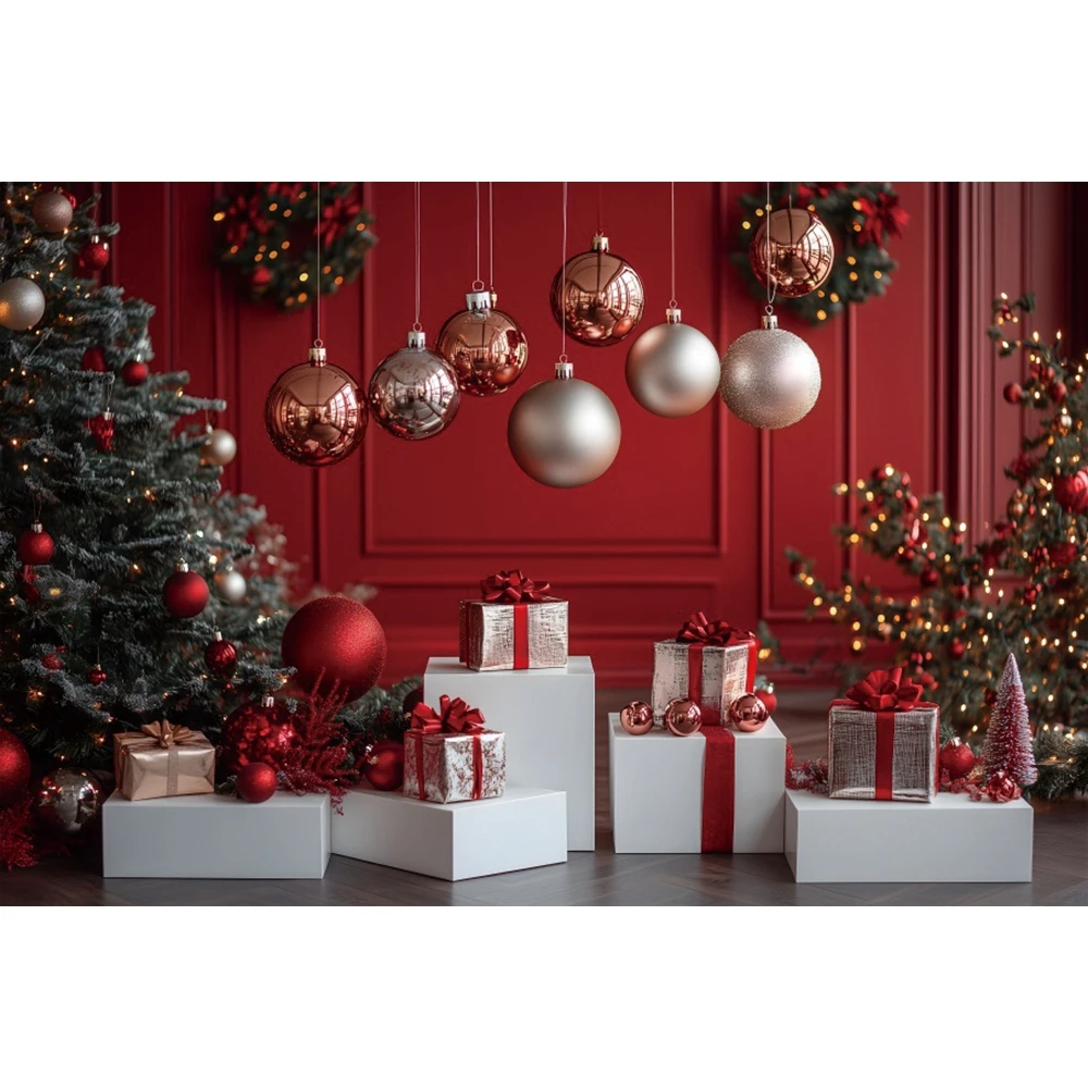 عيد الميلاد كرات ضوء فضية جدار أحمر خلفية هدية شجرة عيد الميلاد حفلة الأطفال الأسرة صورة التصوير خلفية استوديو الدعائم