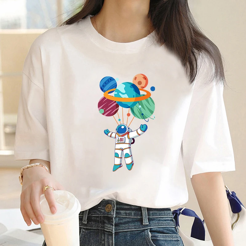 T-shirt Female Summer Fashion Casual Cartoon Astronaut Astronaut Print Pattern Series Top O-neck Slim Comfortable Commuter Shirt