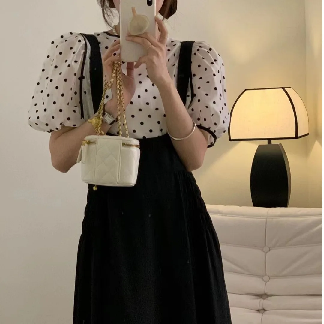 Koreaanse Chic Lente Zomer Polka Dot irt Top vrouwen Faionable Belted Lange Rok Tweedelige Set Ci Pendelen Sle