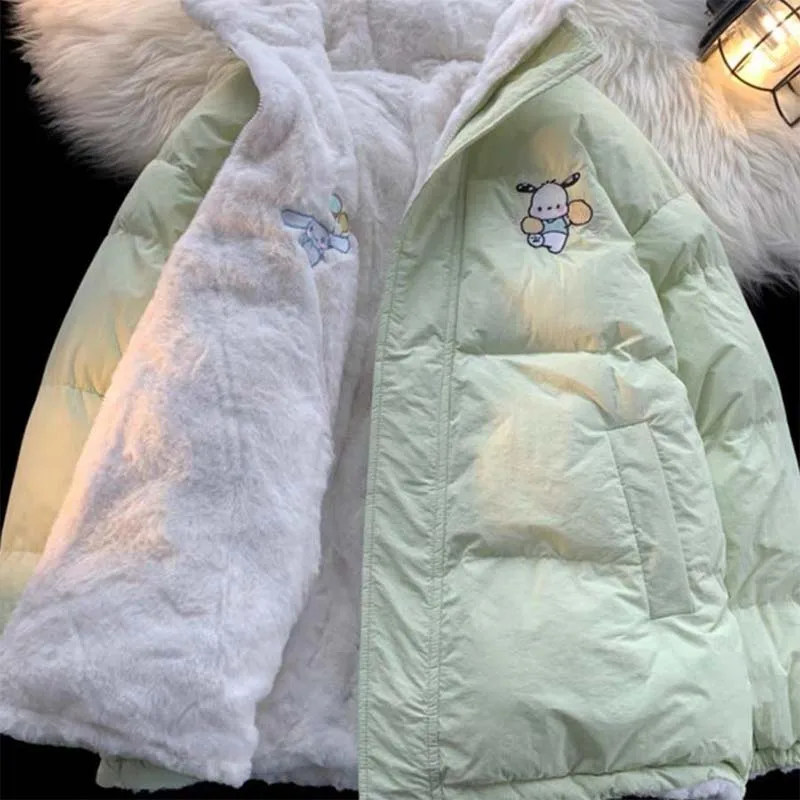 Reversible Quilted Jacket Cinnamoroll Pochacco Kawaii Anime Printed Cotton-Padded Jacket Women\'s Winter Warm Coat Christmas Gift