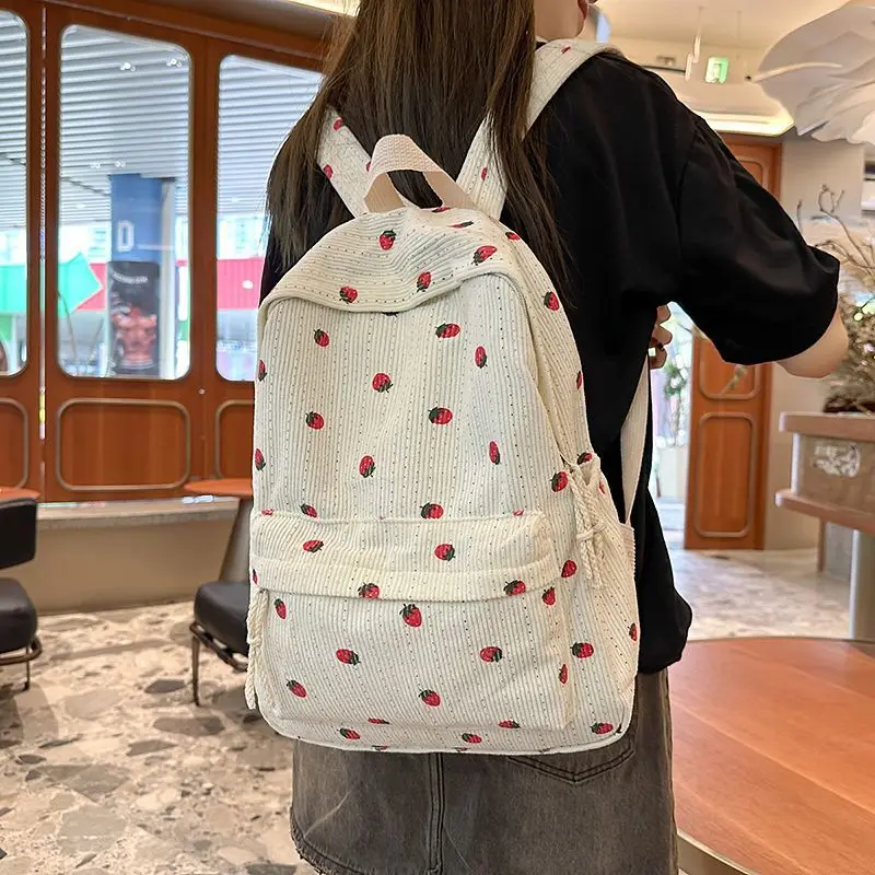 Large Capacity Corduroy Strawberry Student School Bag Multi-pockets Travel Backpack Adjustable Strap	Versatile Simple Cute