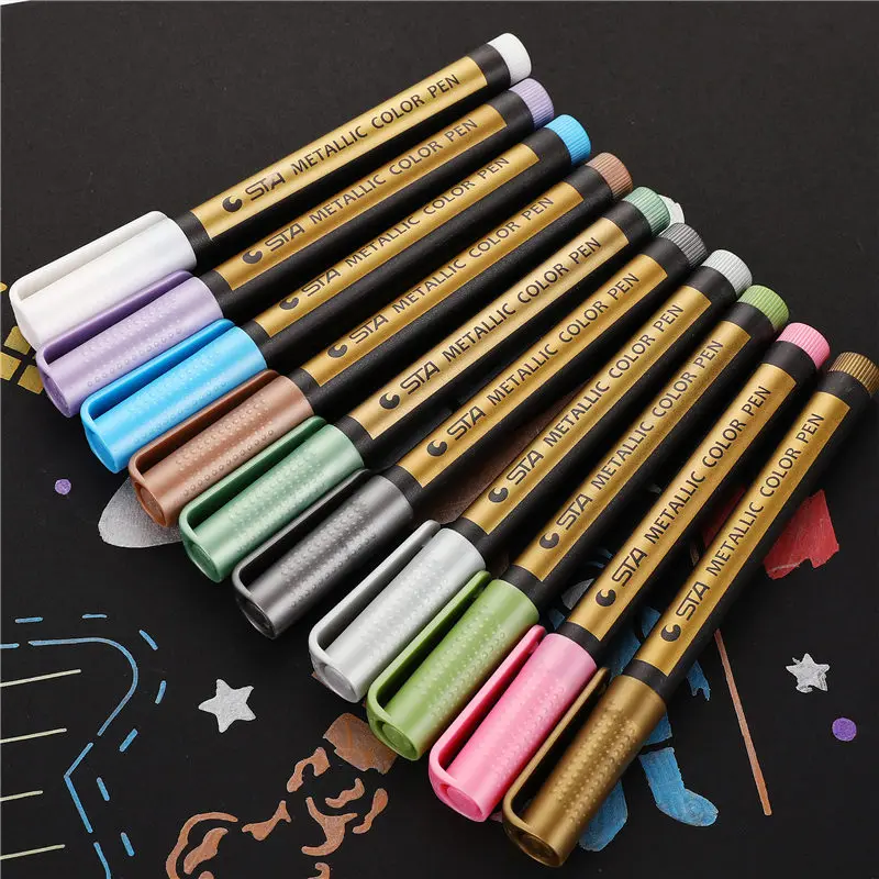 

50Pcs 10 Colors Metallic Marker Permanent Paint Pen Writing Art Acrylic Markers For Skating Stones Glass Wallpaper Drawing Pens